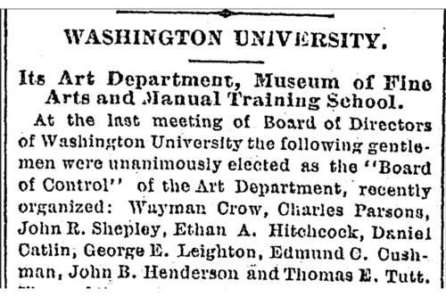 The heading for the article "Washington University: Its Art Department, Museum of FIne Arts, and Manual Training School" from the St. Louis Globe-Democrat